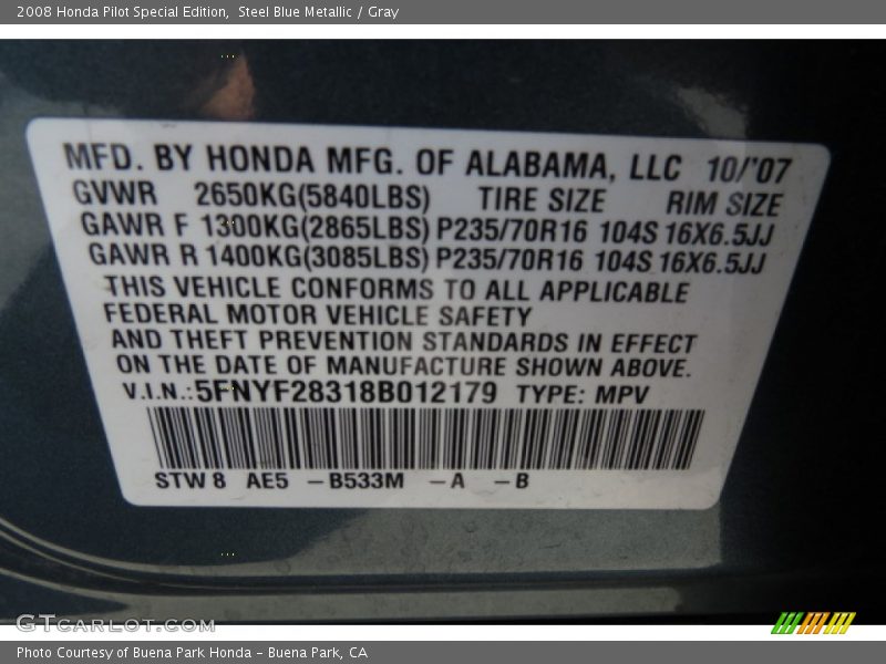 Steel Blue Metallic / Gray 2008 Honda Pilot Special Edition