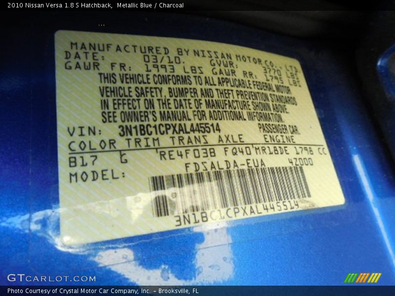 Metallic Blue / Charcoal 2010 Nissan Versa 1.8 S Hatchback