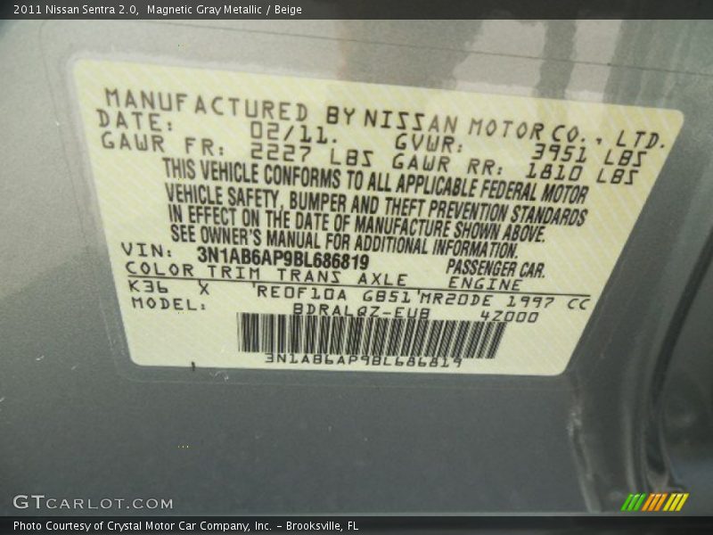 Magnetic Gray Metallic / Beige 2011 Nissan Sentra 2.0