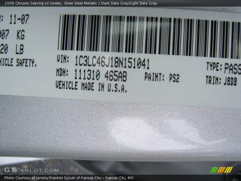 Silver Steel Metallic / Dark Slate Gray/Light Slate Gray 2008 Chrysler Sebring LX Sedan