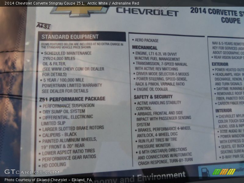  2014 Corvette Stingray Coupe Z51 Window Sticker