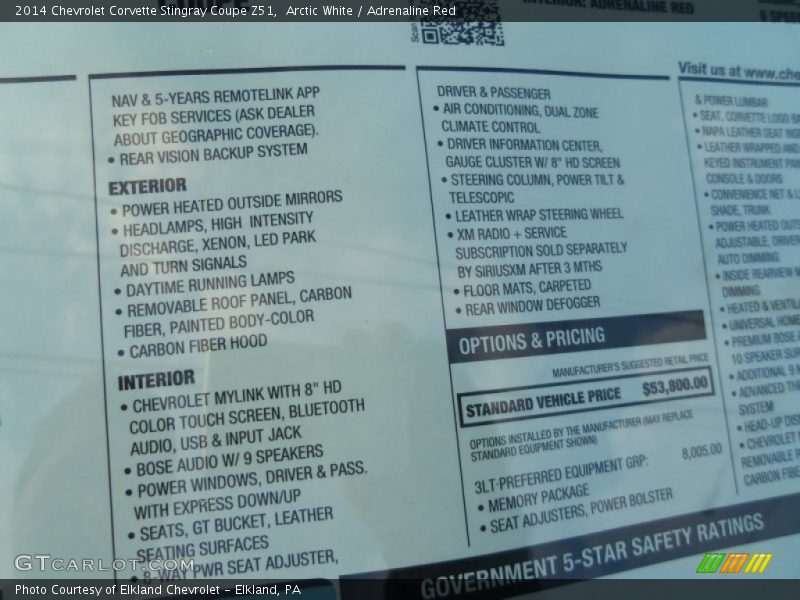  2014 Corvette Stingray Coupe Z51 Window Sticker