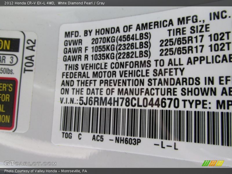 White Diamond Pearl / Gray 2012 Honda CR-V EX-L 4WD