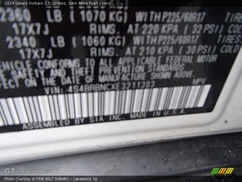 Satin White Pearl / Ivory 2014 Subaru Outback 2.5i Limited