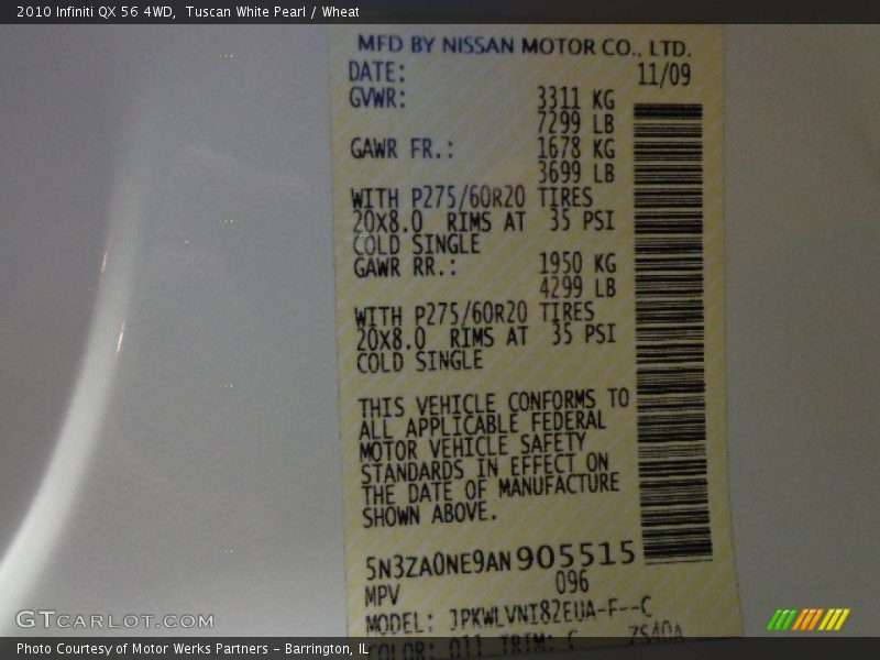 Tuscan White Pearl / Wheat 2010 Infiniti QX 56 4WD