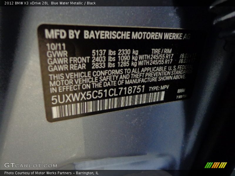 Blue Water Metallic / Black 2012 BMW X3 xDrive 28i