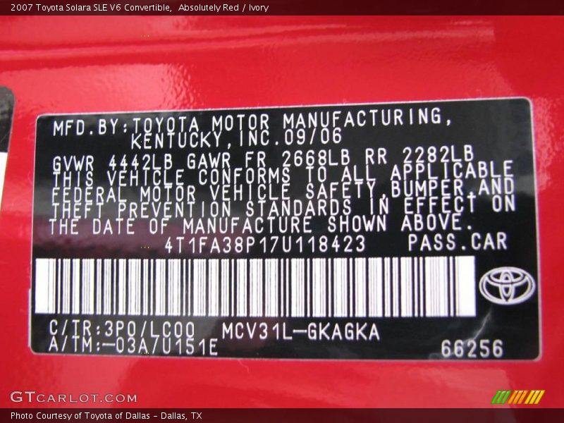 Absolutely Red / Ivory 2007 Toyota Solara SLE V6 Convertible