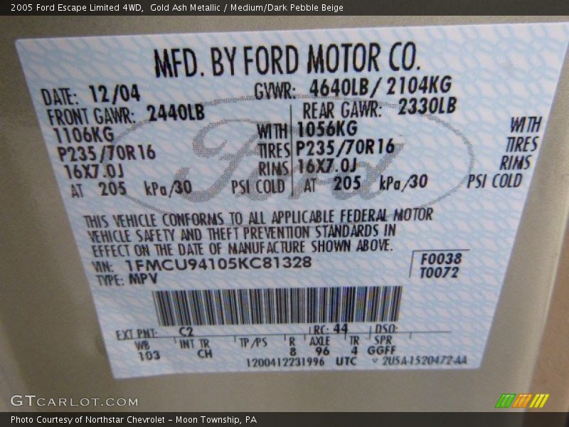 Gold Ash Metallic / Medium/Dark Pebble Beige 2005 Ford Escape Limited 4WD