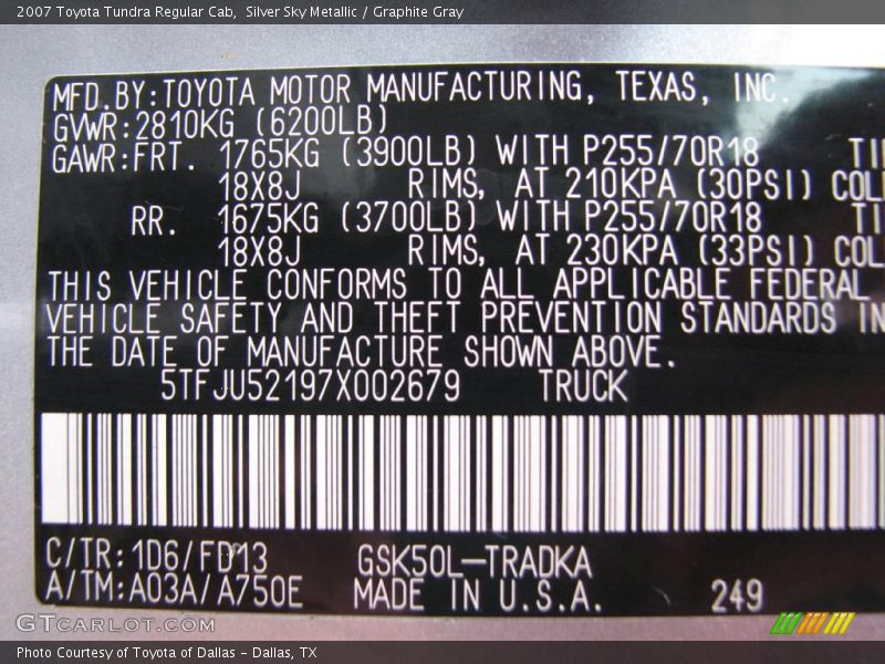 Silver Sky Metallic / Graphite Gray 2007 Toyota Tundra Regular Cab