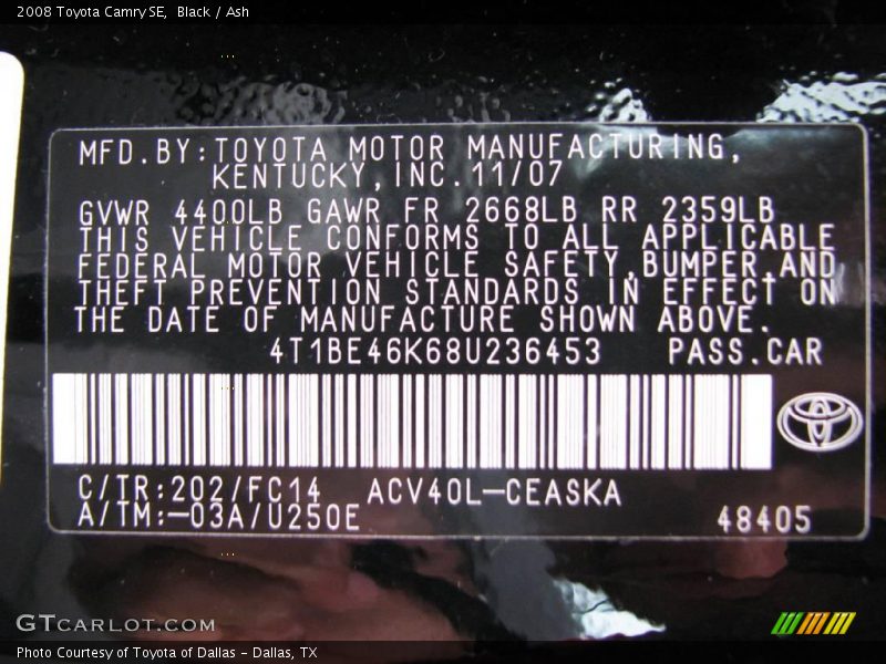 Black / Ash 2008 Toyota Camry SE