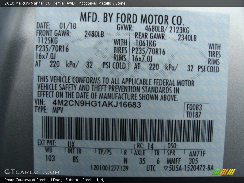 Ingot Silver Metallic / Stone 2010 Mercury Mariner V6 Premier 4WD