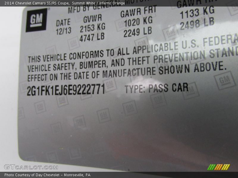 Summit White / Inferno Orange 2014 Chevrolet Camaro SS/RS Coupe