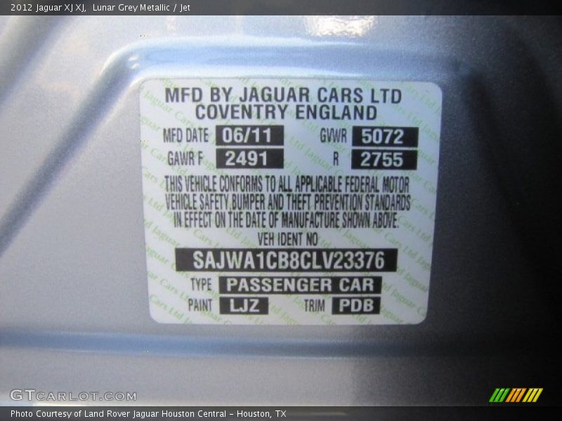 Lunar Grey Metallic / Jet 2012 Jaguar XJ XJ