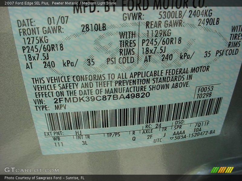 Pewter Metallic / Medium Light Stone 2007 Ford Edge SEL Plus