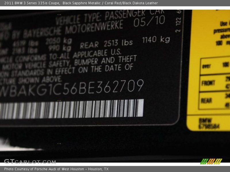 Black Sapphire Metallic / Coral Red/Black Dakota Leather 2011 BMW 3 Series 335is Coupe