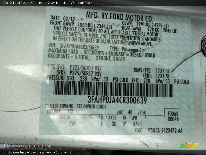 Ingot Silver Metallic / Charcoal Black 2012 Ford Fusion SEL