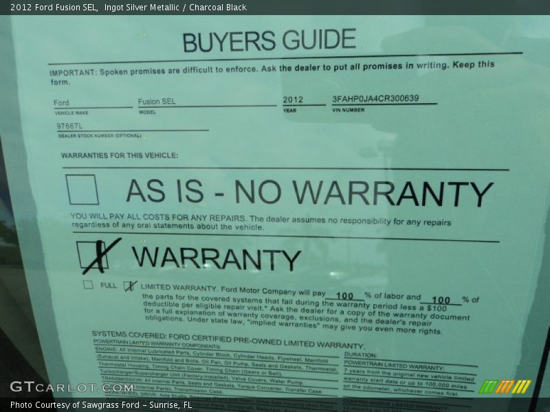 Ingot Silver Metallic / Charcoal Black 2012 Ford Fusion SEL