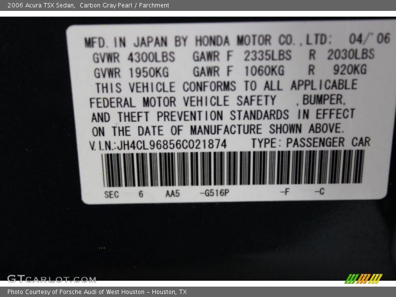 Carbon Gray Pearl / Parchment 2006 Acura TSX Sedan