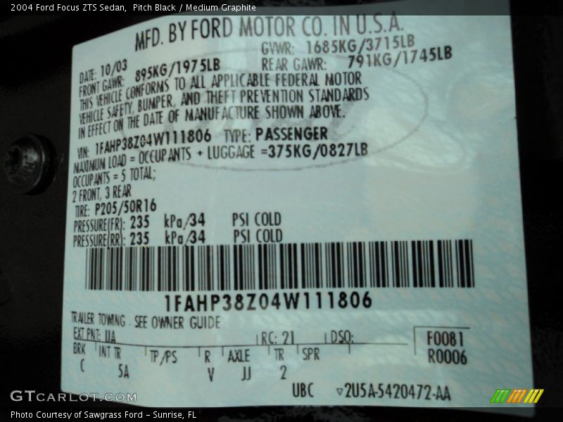 2004 Focus ZTS Sedan Pitch Black Color Code UA