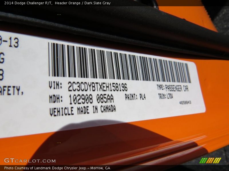 2014 Challenger R/T Header Orange Color Code PL4