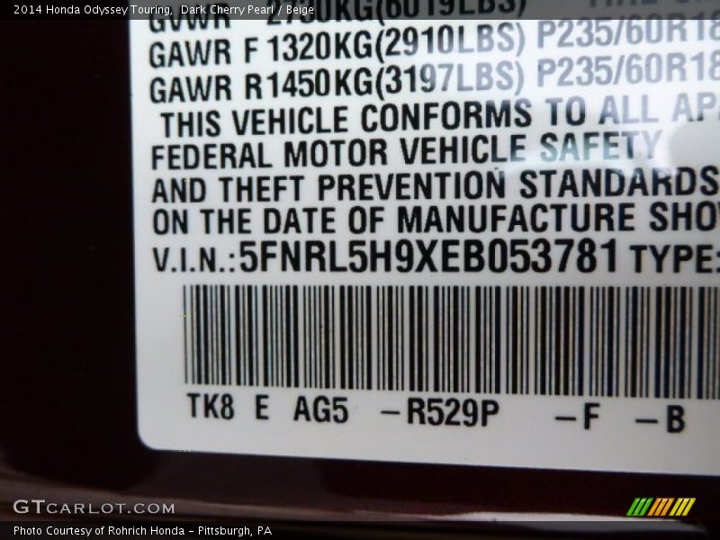 Dark Cherry Pearl / Beige 2014 Honda Odyssey Touring