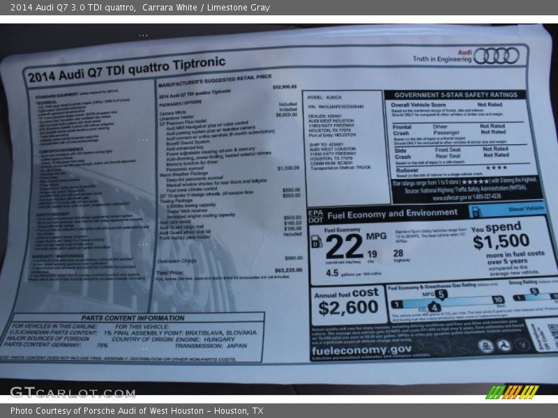 Carrara White / Limestone Gray 2014 Audi Q7 3.0 TDI quattro