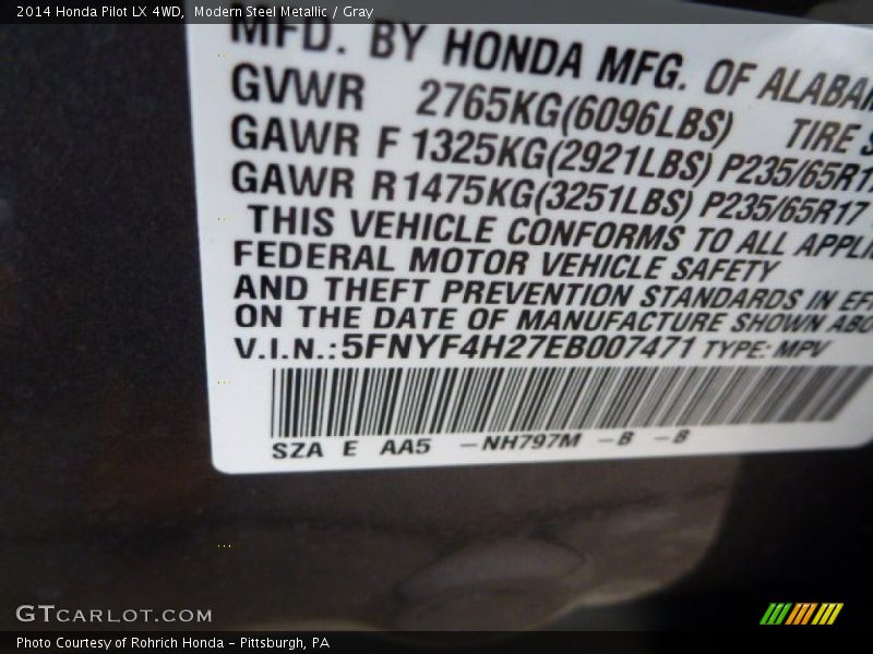 Modern Steel Metallic / Gray 2014 Honda Pilot LX 4WD