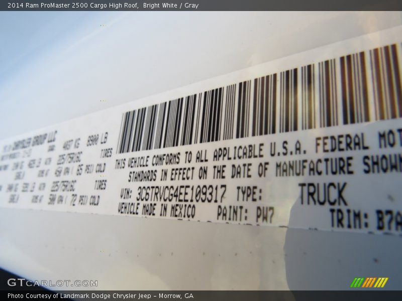 2014 ProMaster 2500 Cargo High Roof Bright White Color Code PW7