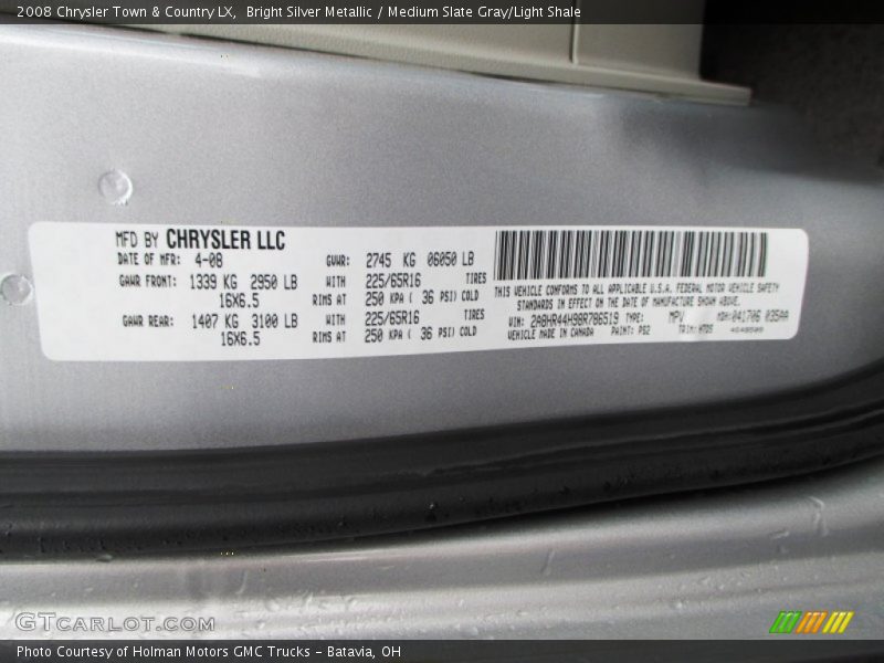 Bright Silver Metallic / Medium Slate Gray/Light Shale 2008 Chrysler Town & Country LX