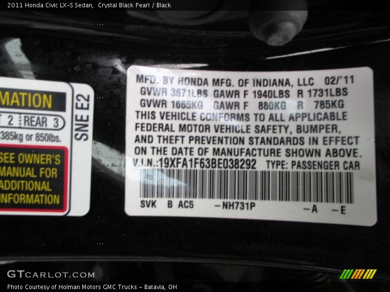 Crystal Black Pearl / Black 2011 Honda Civic LX-S Sedan