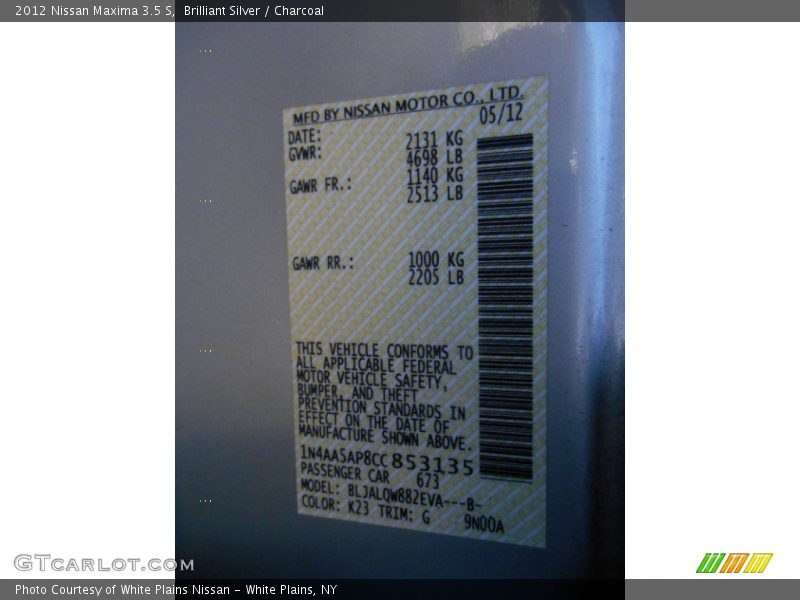 Brilliant Silver / Charcoal 2012 Nissan Maxima 3.5 S