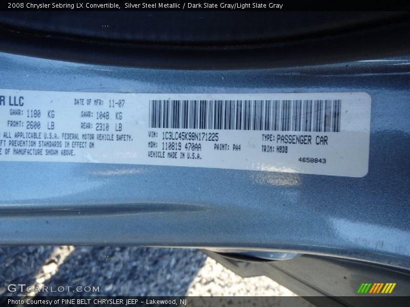 Silver Steel Metallic / Dark Slate Gray/Light Slate Gray 2008 Chrysler Sebring LX Convertible