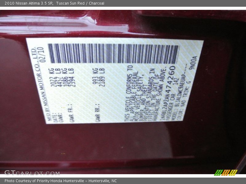Tuscan Sun Red / Charcoal 2010 Nissan Altima 3.5 SR