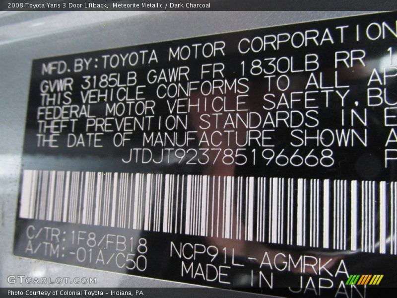 Meteorite Metallic / Dark Charcoal 2008 Toyota Yaris 3 Door Liftback