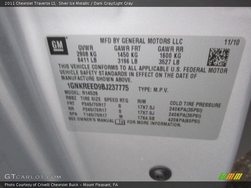 Silver Ice Metallic / Dark Gray/Light Gray 2011 Chevrolet Traverse LS