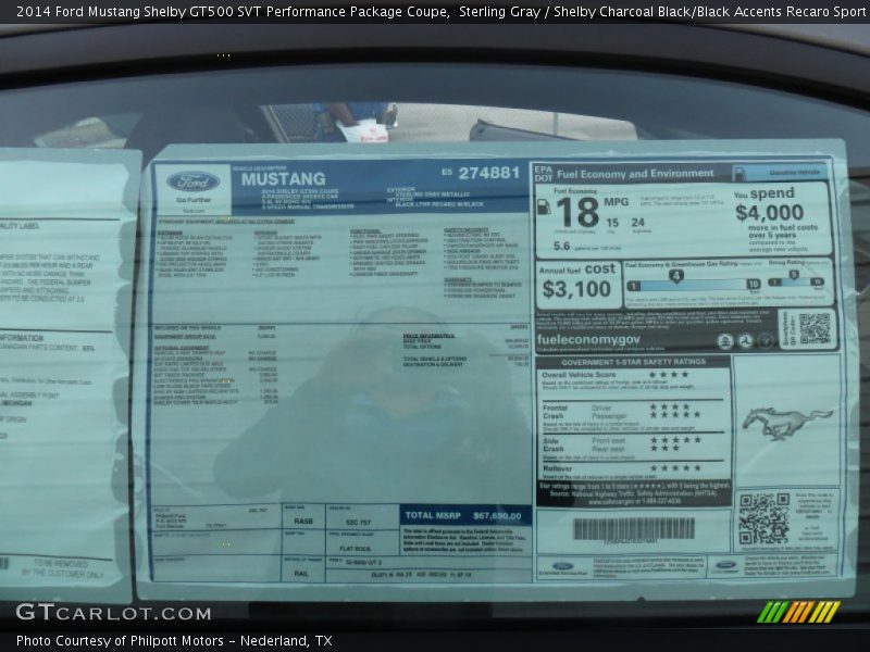  2014 Mustang Shelby GT500 SVT Performance Package Coupe Window Sticker