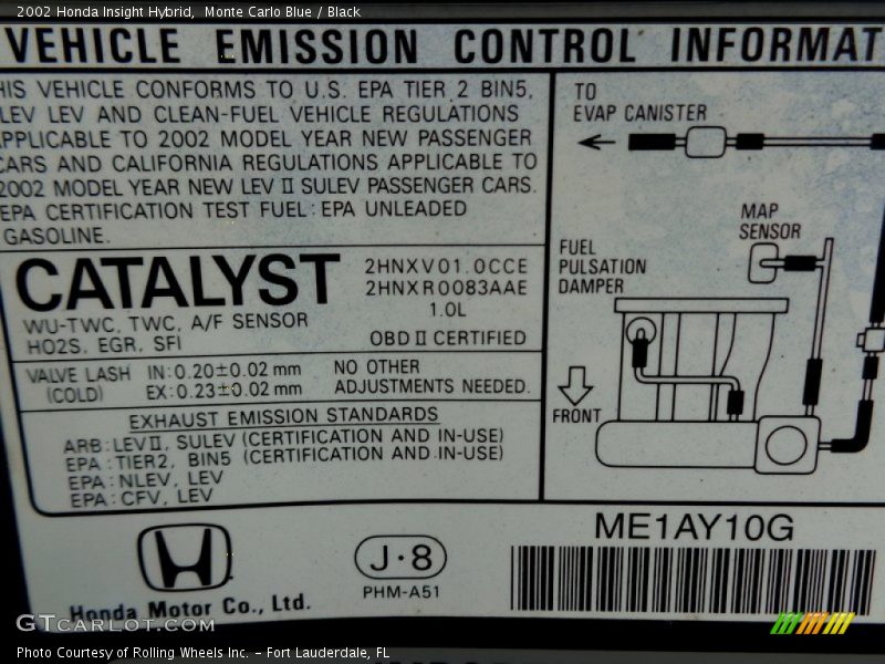 Info Tag of 2002 Insight Hybrid
