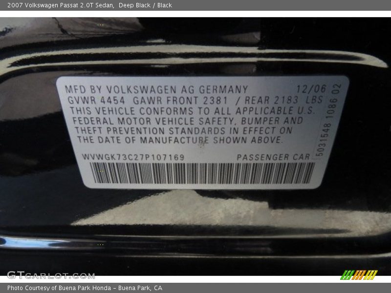 Deep Black / Black 2007 Volkswagen Passat 2.0T Sedan