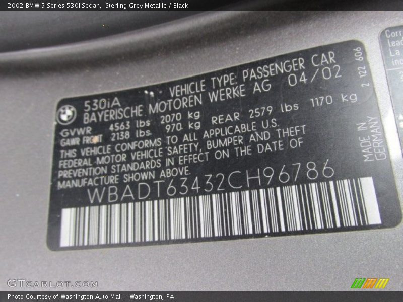 Info Tag of 2002 5 Series 530i Sedan