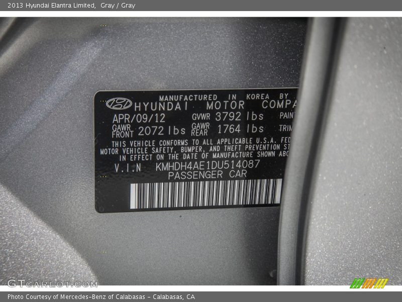 Gray / Gray 2013 Hyundai Elantra Limited