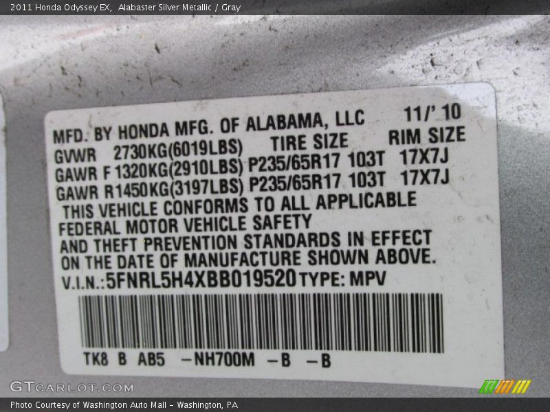 Alabaster Silver Metallic / Gray 2011 Honda Odyssey EX