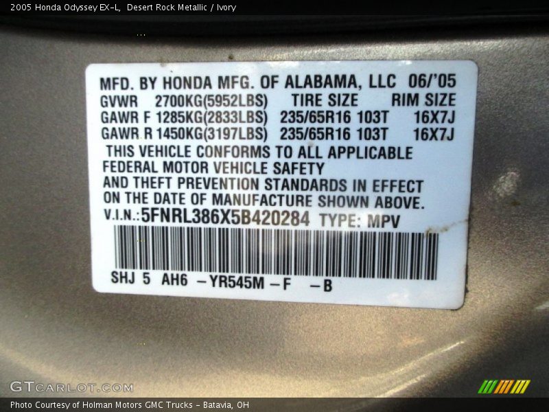 Desert Rock Metallic / Ivory 2005 Honda Odyssey EX-L