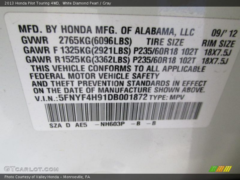 White Diamond Pearl / Gray 2013 Honda Pilot Touring 4WD