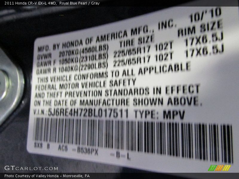 Royal Blue Pearl / Gray 2011 Honda CR-V EX-L 4WD