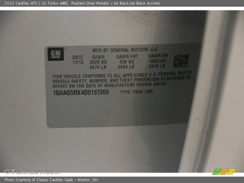 Radiant Silver Metallic / Jet Black/Jet Black Accents 2013 Cadillac ATS 2.0L Turbo AWD