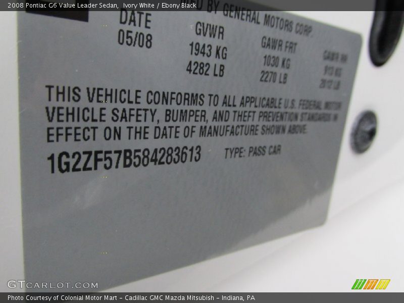 Ivory White / Ebony Black 2008 Pontiac G6 Value Leader Sedan