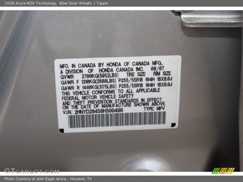 Billet Silver Metallic / Taupe 2008 Acura MDX Technology