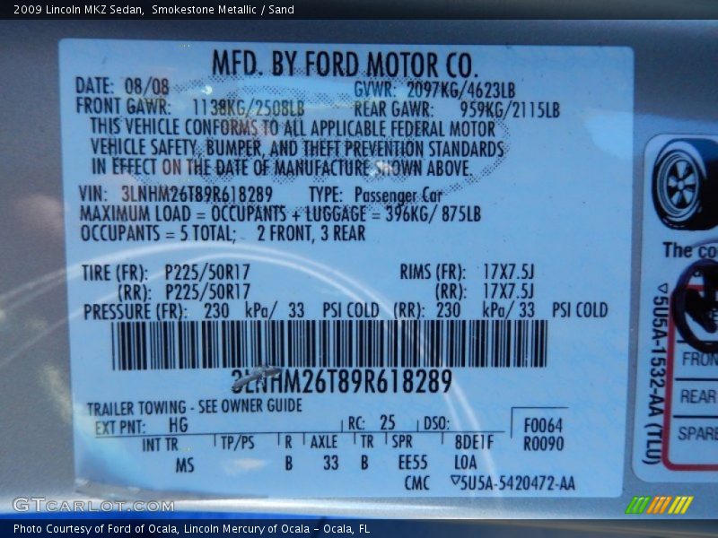 Smokestone Metallic / Sand 2009 Lincoln MKZ Sedan