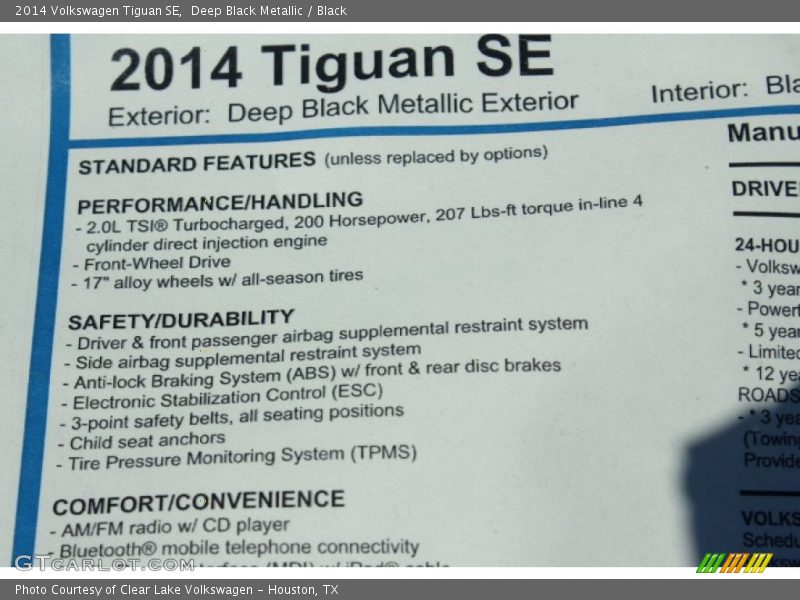 Deep Black Metallic / Black 2014 Volkswagen Tiguan SE