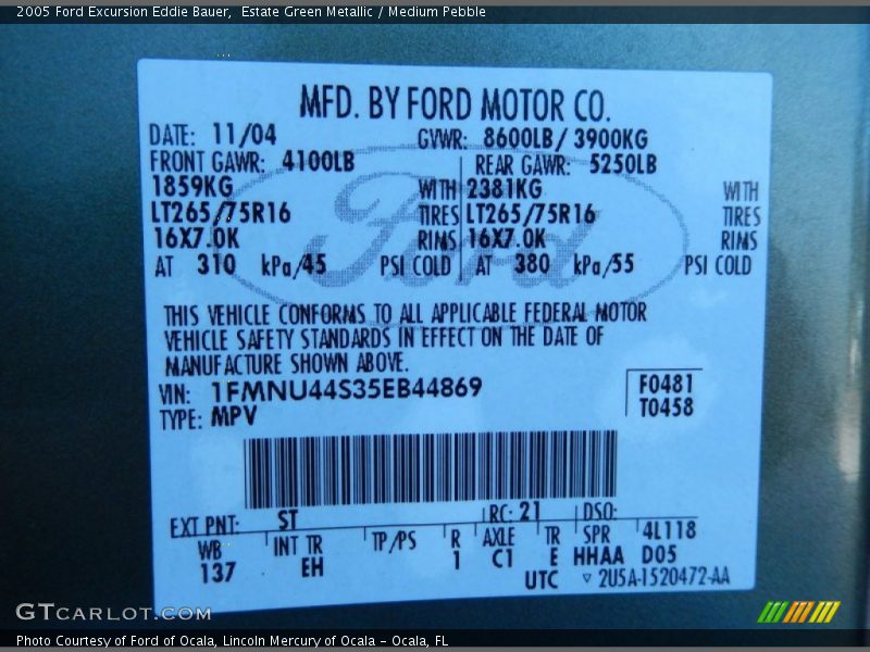 2005 Excursion Eddie Bauer Estate Green Metallic Color Code ST